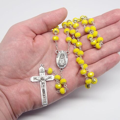 خرز كريستالي من المدينة الكاثوليكية 8 مم، مسبحة سيدة المحبة "Virgen de la Caridad del Cobre" مع صليب القدس (الألوان المتاحة: الأسود والأزرق والشفاف والأحمر والأبيض والأصفر) in Kuwait
