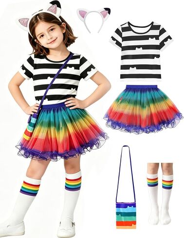 5PCS Cat Rainbow Costume for Girls Cat Tutu Dress Tops Headwear Bags Socks Halloween Costume Cosplay Props 3-8Y in Saudi Arabia