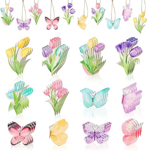 CCINEE 36pcs Spring Tulip Wooden Hanging Ornaments, Butterfly Flower Spring Tree Ornaments Tags for Valentines Day Easter Party Home Office Classroom Hanging Decorations in Kuwait
