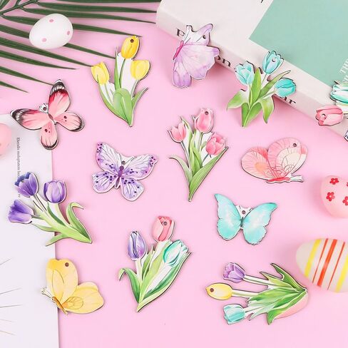 CCINEE 36pcs Spring Tulip Wooden Hanging Ornaments, Butterfly Flower Spring Tree Ornaments Tags for Valentines Day Easter Party Home Office Classroom Hanging Decorations in Kuwait