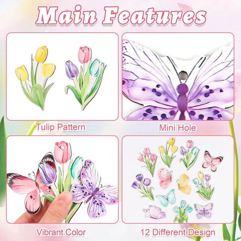 CCINEE 36pcs Spring Tulip Wooden Hanging Ornaments, Butterfly Flower Spring Tree Ornaments Tags for Valentines Day Easter Party Home Office Classroom Hanging Decorations in Kuwait