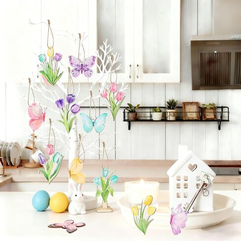 CCINEE 36pcs Spring Tulip Wooden Hanging Ornaments, Butterfly Flower Spring Tree Ornaments Tags for Valentines Day Easter Party Home Office Classroom Hanging Decorations in Kuwait