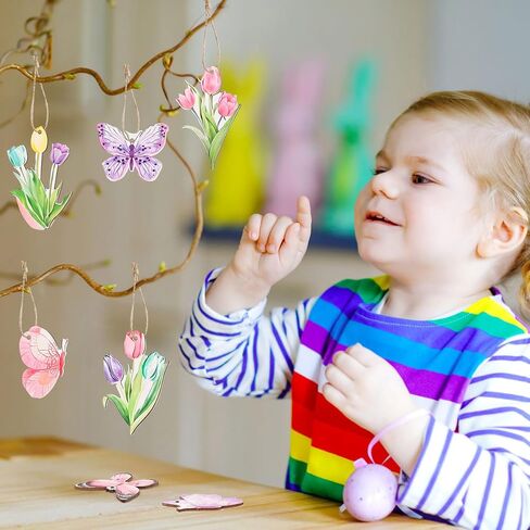 CCINEE 36pcs Spring Tulip Wooden Hanging Ornaments, Butterfly Flower Spring Tree Ornaments Tags for Valentines Day Easter Party Home Office Classroom Hanging Decorations in Kuwait