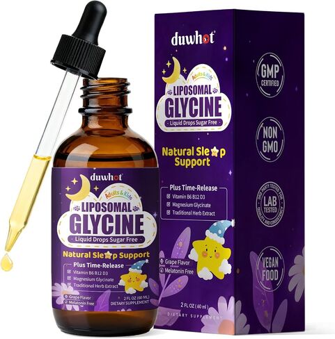 duwhot Glycine for Sleep Liquid Drops Sugar Free, 1.5g/3g Glycine Supplement Plus Magnesium, L-theanine & Vitamins for Stress Relief, Relaxation & Energy Support, Liposomal, Vegan, Organic, 2 FL OZ in Saudi Arabia