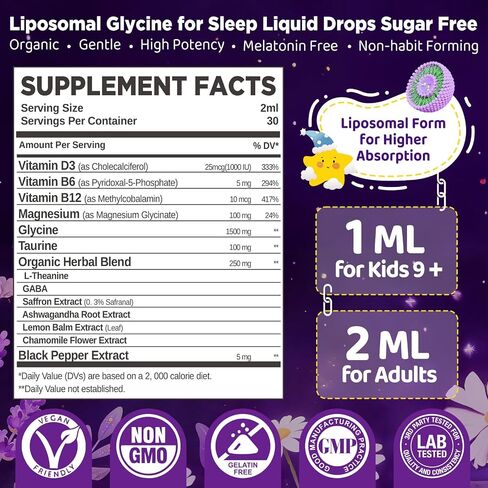 duwhot Glycine for Sleep Liquid Drops Sugar Free, 1.5g/3g Glycine Supplement Plus Magnesium, L-theanine & Vitamins for Stress Relief, Relaxation & Energy Support, Liposomal, Vegan, Organic, 2 FL OZ in Saudi Arabia