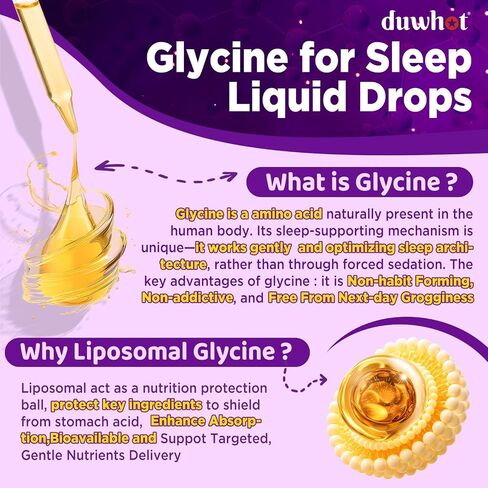 duwhot Glycine for Sleep Liquid Drops Sugar Free, 1.5g/3g Glycine Supplement Plus Magnesium, L-theanine & Vitamins for Stress Relief, Relaxation & Energy Support, Liposomal, Vegan, Organic, 2 FL OZ in Saudi Arabia