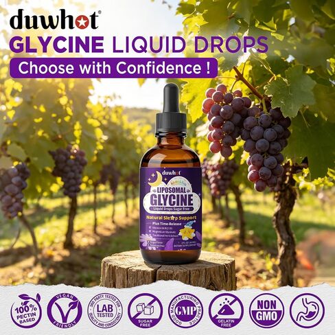 duwhot Glycine for Sleep Liquid Drops Sugar Free, 1.5g/3g Glycine Supplement Plus Magnesium, L-theanine & Vitamins for Stress Relief, Relaxation & Energy Support, Liposomal, Vegan, Organic, 2 FL OZ in Saudi Arabia