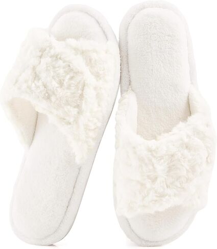 HUXMEYSON Slippers For Women, Open Toe Memory Foam Adjustable House Shoes | Fuzzy Faux Fur, Anti-Slip TPR Soles, Indoor & Outdoor, Hook & Loop Strap, Double-Padded Cushion, Swollen Feet in Saudi Arabia