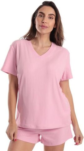 Just Love Women's Pajama Short Set, Stretch Jersey V-Neck Sleepwear with Elastic Waist Shorts in Kuwait