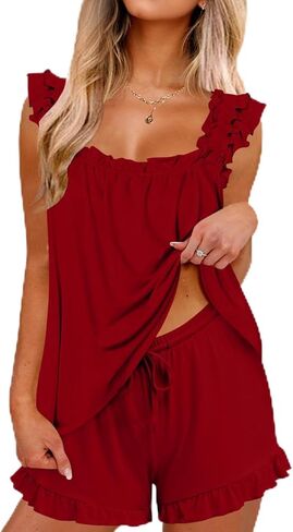 Ruffle Pajama Set Women Shorts 2 Piece Sets Sleeveless Tank Top Loungewear Bridal Cute Lightweight Soft Sleepwear in Kuwait