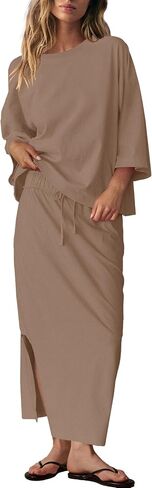LAMISSCHE Skirt Sets Women 2 Piece Outfits Casual Lounge Set Back Vented Tops and Maxi Dress with Pockets in Saudi Arabia