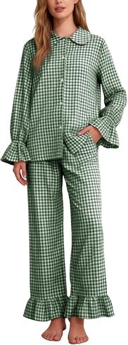Flygo Womens Plaid Pajamas Set Cotton Pjs Sets Cute Ruffle Sleeve Babydoll Shirt Gingham Pants Matching Lounge Sets in Kuwait