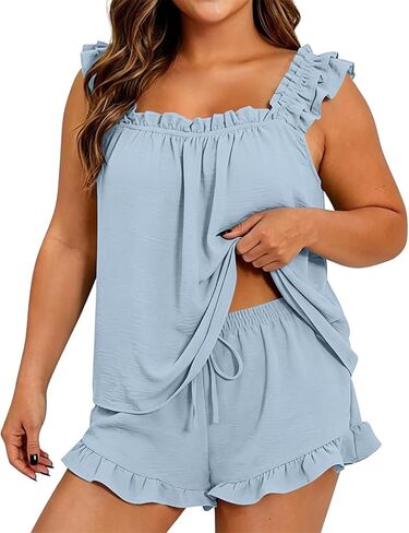 مجموعات Pjs للنساء بدون أكمام مكشكشة بدون أكمام وسروال قصير طقم صالة ملابس نوم خفيفة الوزن بيجامة وصيفة العروس لطيفة in Kuwait
