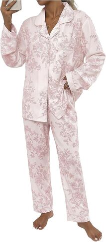 RoseSeek Women's 2 Piece Pajama Sets Floral Print Button Down Shirts and Wide Leg Pants Lounge Sets Sleepwear in Saudi Arabia