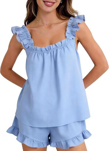 Kissonic Womens Ruffle Pajamas Set 2 Piece Cute Ruffle Bridal Pjs Sleeveless Tank Top and Shorts Summer Sleepwear in Saudi Arabia