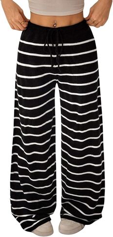 Verdusa Women's Striped Knit Pants Straight Leg Casual Trousers Loungewear Spring Clothes in Kuwait