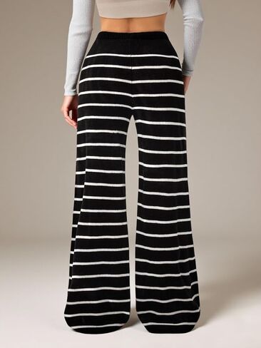 Verdusa Women's Striped Knit Pants Straight Leg Casual Trousers Loungewear Spring Clothes in Kuwait