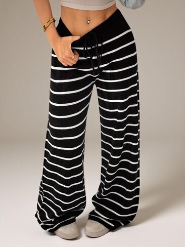 Verdusa Women's Striped Knit Pants Straight Leg Casual Trousers Loungewear Spring Clothes in Kuwait