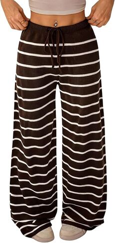 Verdusa Women's Striped Knit Pants Straight Leg Casual Trousers Loungewear Spring Clothes in Kuwait