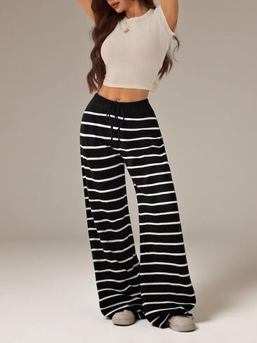 Verdusa Women's Striped Knit Pants Straight Leg Casual Trousers Loungewear Spring Clothes in Kuwait
