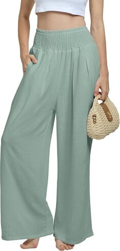 Joob Joob Women’s Linen Pants – Wide Leg, Smocked High Waist, Lightweight Summer Beach Travel Palazzo Pants with Pockets in Kuwait