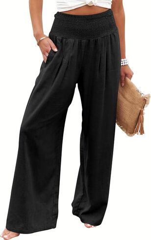 Women Linen Palazzo Pants Summer Boho Wide Leg High Waist Casual Lounge Pant 2026 Beach Travel Vacation Outfits in Kuwait