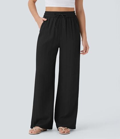 Womens Casual Linen Palazzo Pants High Waisted Wide Leg Pants Beach Vacation Flowy Trousers Lightweight Lounge Pant in Kuwait