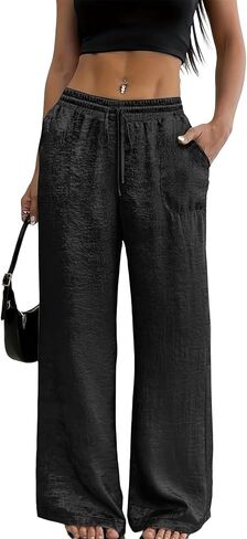 Unybwonn Women Wide Leg Satin Pants Palazzo Drawstring Pleated Pants Elastic Waist Party Metallic Shiny Trousers with Pocket in Saudi Arabia