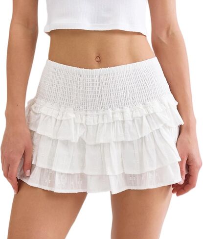 Skirts for Women Ruffle Mini Skirt with Shorts Cotton Summer Flowy Skorts Smocked High Waisted in Saudi Arabia