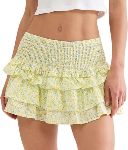 Skirts for Women Ruffle Mini Skirt with Shorts Cotton Summer Flowy Skorts Smocked High Waisted in Saudi Arabia
