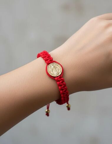 Men’s St. Benedict Red String Bracelet, Adjustable | Protection Against the Evil Eye & Negative Energy | Steel Gold Plated in Saudi Arabia