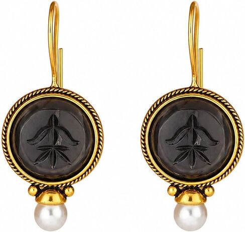 Vintage Intaglio Drop Earrings for Women, Green Carved Glass Jewelry with Pearl Accent, Ancient Greek Roman Style Gold Tone Earrings, Sophisticated Artisan Gift for Her in Saudi Arabia