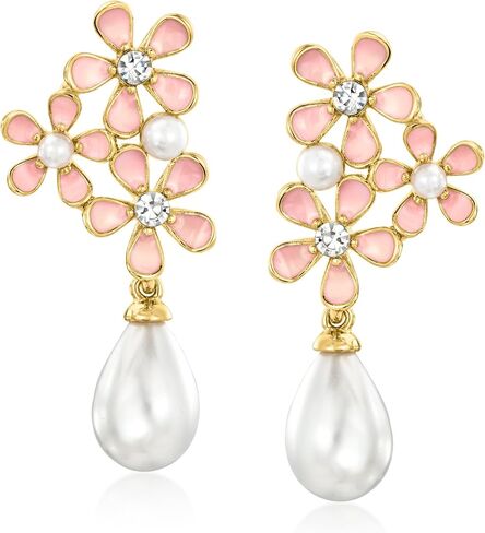 Ross-Simons 14kt Yellow Gold-Plated and Pink Enamel Flower Earrings With Simulated Gemstones and Pearls in Saudi Arabia