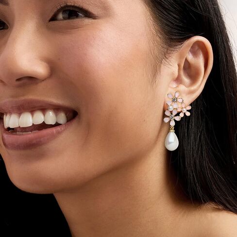 Ross-Simons 14kt Yellow Gold-Plated and Pink Enamel Flower Earrings With Simulated Gemstones and Pearls in Saudi Arabia