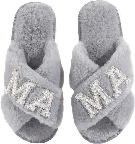 MAMA Slippers for Women Fuzzy Indoor House Slippers with Pearls Gift for New Mom Mothers Day Gift in Kuwait