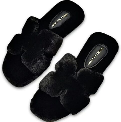Women's Fuzzy Slippers Fluffy Cozy Comfy Memory Foam Open Toe House Slippers Faux Fur Soft Plush H-Band Slides Anti-Skid Indoor Outdoor Home Bedroom Shoes for Women in Saudi Arabia