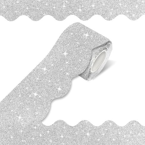DMJUNCONG 68.9 Feet Silver Glitter Bulletin Board Border Scalloped Bulletin Board Trim for Classroom Decoration,Bedroom Wall Decoration,Home Decoration,Birthday Party Decorations in Saudi Arabia