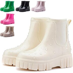Women's High-top Mid-calf Rain Boots Waterproof Platform Chelsea Ankle Boots Comfortable Anti-slip Slip-on PVC Garden Rainboots for Outdoor Work in Saudi Arabia