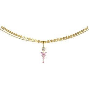 Pink Heart Belly Button Ring with Waist Chain for Women, Gold Triple Cubic Zirconia Dangle Navel Piercing, Adjustable Body Jewelry for Summer Beach Bikini in Saudi Arabia