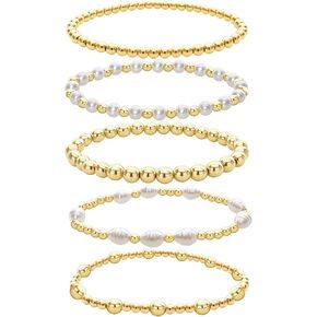5PCS Gold Bracelets for Women Dainty Round Beaded Bracelet Stackable Stretch Bead Ball Bracelets Adjustable stacked Strand Bracelet Jewelry Set for Gifts in Saudi Arabia