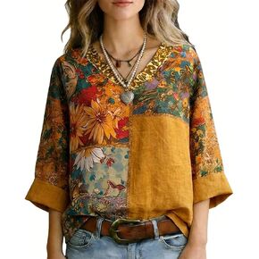 Women's Boho Patchwork Floral Print Top V-Neck 3/4 Sleeve Casual Vintage Blouse in Saudi Arabia