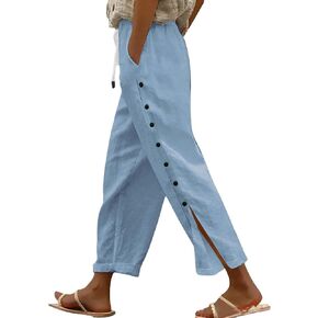 Linen Pants for Women,2026 Summer Casual Lightweight Side-Buttoned Straight Leg Cropped Pant Beach Vacation Outfits in Saudi Arabia