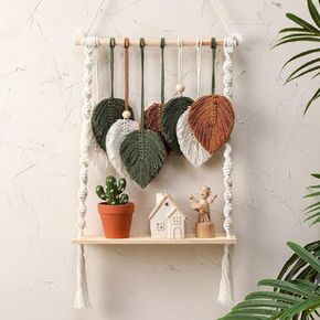 رف معلق على الحائط من طبقة واحدة من Macrame Boho مصنوع يدويًا من الخشب البوهيمي أرفف تخزين عائمة ديكور صور نباتات عرض رفوف لغرفة نوم الأطفال وغرفة المعيشة in Kuwait