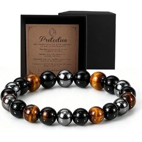 YYUAN Triple Protection Healing Crystal Beaded Bracelet – Tiger Eye Black Obsidian Hematite Bracelets for Men Women Natural Stone Jewelry Gift– Birthday Christmas Anniversary in Saudi Arabia
