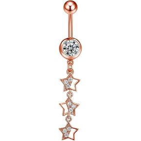 14G Surgical Steel Star Dangle Belly Button Ring for Women Dangling Rhinestone Hollow Stars Belly Navel Rings Navel Piercing Barbell Body Piercing Jewelry in Kuwait