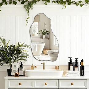 32x18'' Frameless Asymmetrical Bathroom Mirror, Irregular Wall Mirror, Wavy Vanity Mirror for Modern Bathroom, Bedroom, Entryway and Living Room Decor in Kuwait