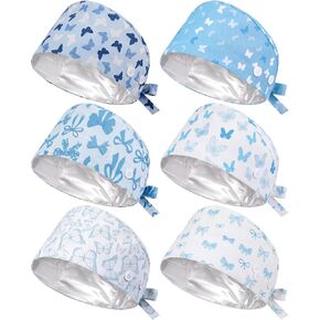 Jadive 6Pcs Satin Lined Working Hat Coquette Bow Scrub Cap Adjustable Pink Tie Back Bouffant Hat with Button for Doctor Nurse in Saudi Arabia