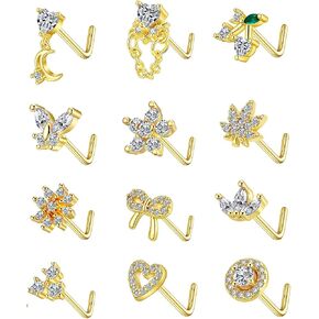 12Pcs Silver/Gold Nose Rings Stud L Shaped Nose Piercing Butterfly Flower Heart Pink Clear CZ Screw Nose Stud Body Piercing Jewelry for Women 20G in Saudi Arabia