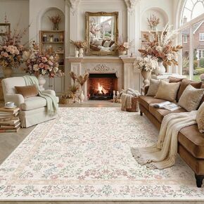 PureCozy 8x10 Pink Area Rug for Living Room Bedroom Washable Vintage Floral Carpet Low Pile Non Slip Botanical Aesthetic Large Dining Room Soft Accent Throw Rug Nursery Office Indoor in Saudi Arabia