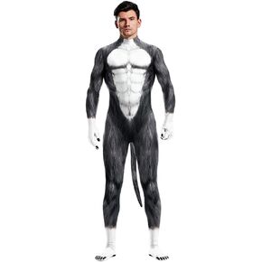 Men's Animal Bodysuit Costume with Big Tail Print Petsuit Spandex Furry Jumpsuit Cosplay Halloween Party in Saudi Arabia